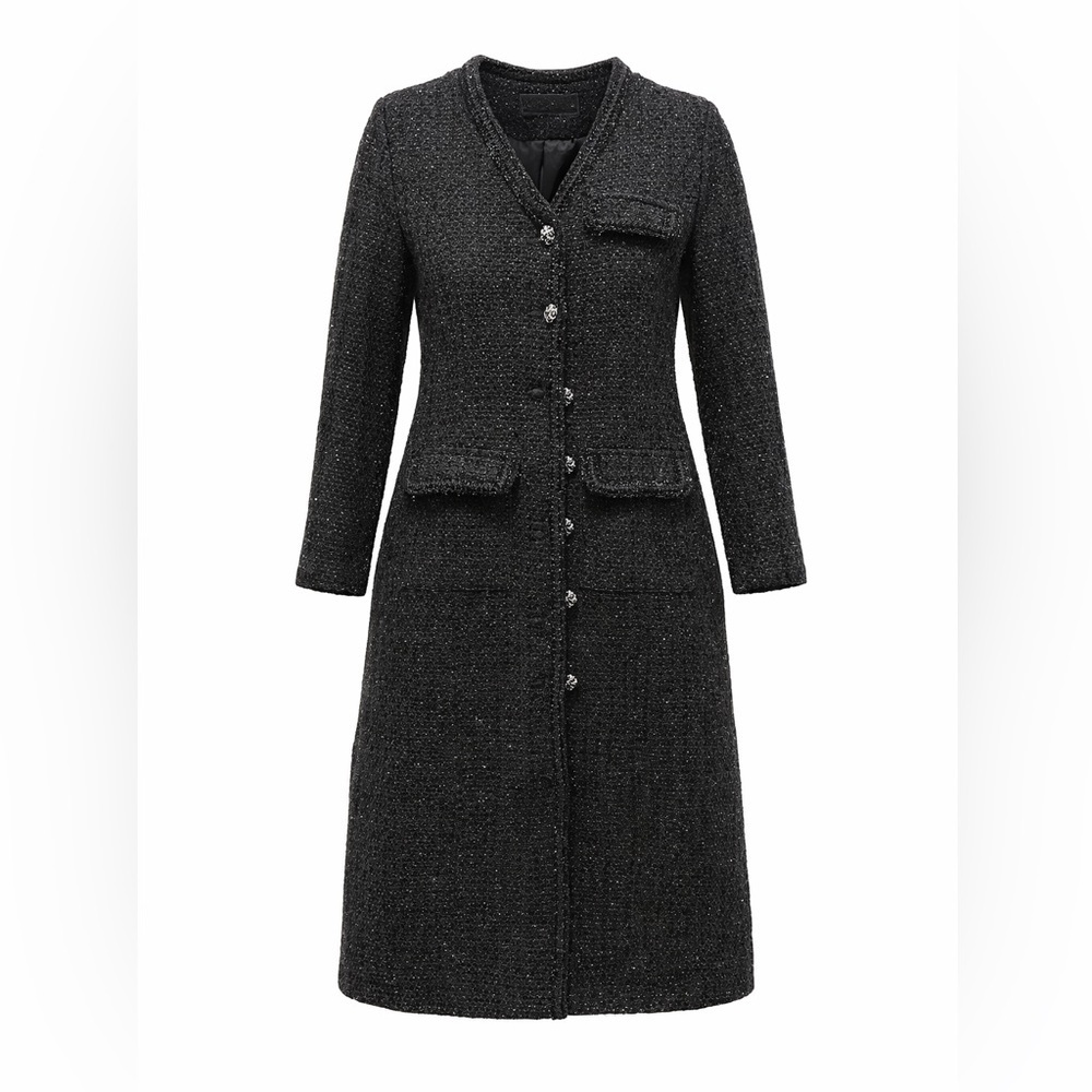 NWT Black Button Front Tweed Metallic Coat Medium Mid Length